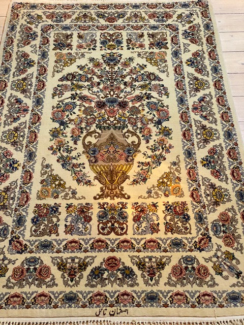 Isfahan handmade of pure korkwool, with silk inlays, and warp of silk. Size ca 108 x 170 cm