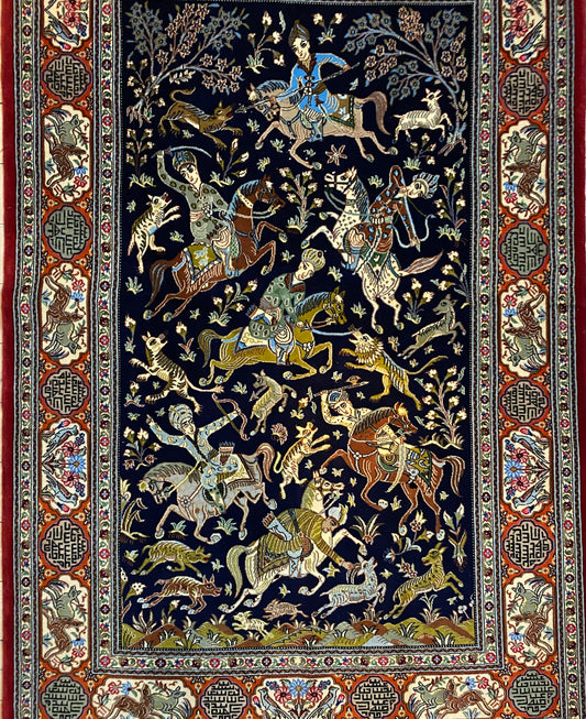 A high quality Persian hand-knotted atelier carpet made in the Ghom district. Size ca 140 x 200 cm