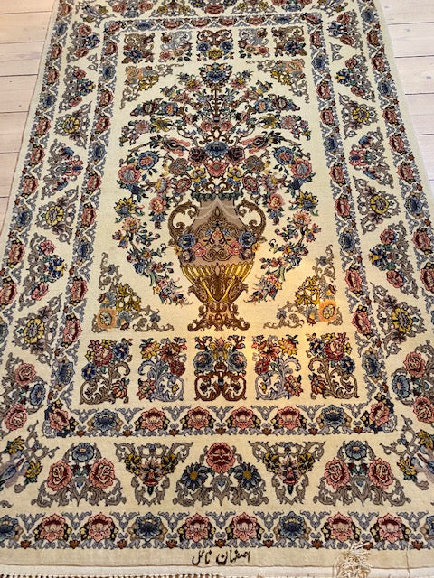 Isfahan handmade of pure korkwool, with silk inlays, and warp of silk. Size ca 108 x 170 cm