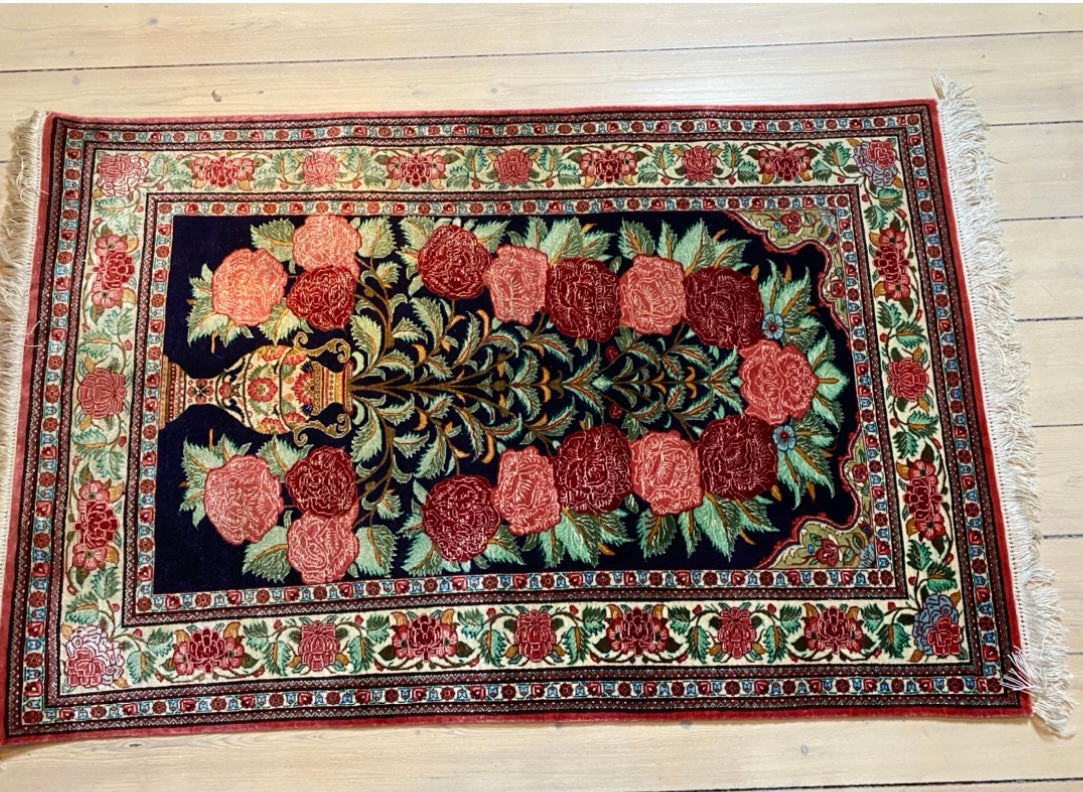 Persian Ghom handmade of pure 100 % organic silk with warp of silk. Size ca 83 x 130 cm.