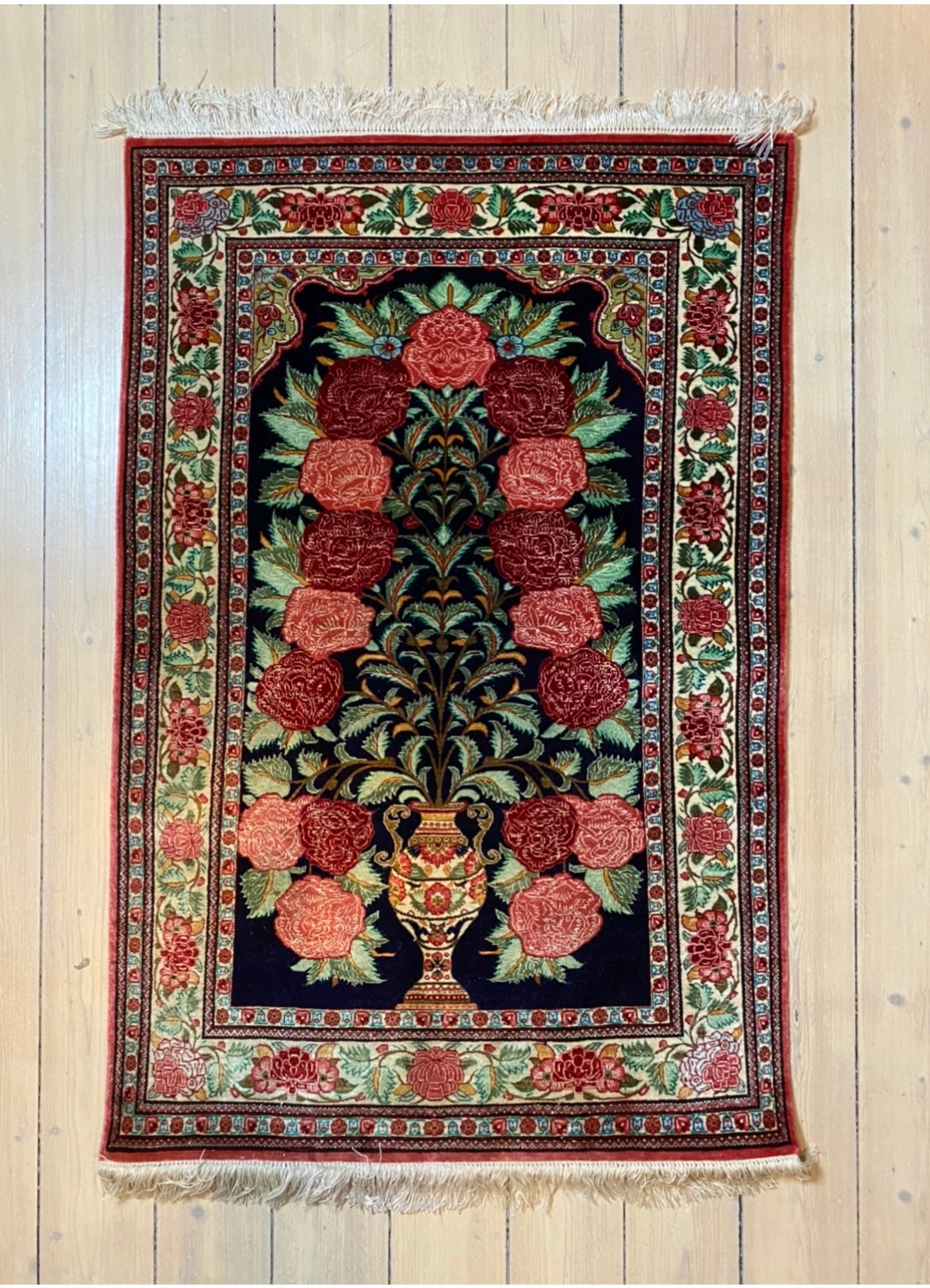 Persian Ghom handmade of pure 100 % organic silk with warp of silk. Size ca 83 x 130 cm.