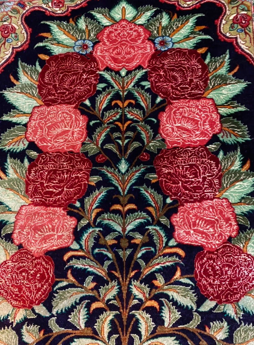 Persian Ghom handmade of pure 100 % organic silk with warp of silk. Size ca 83 x 130 cm.