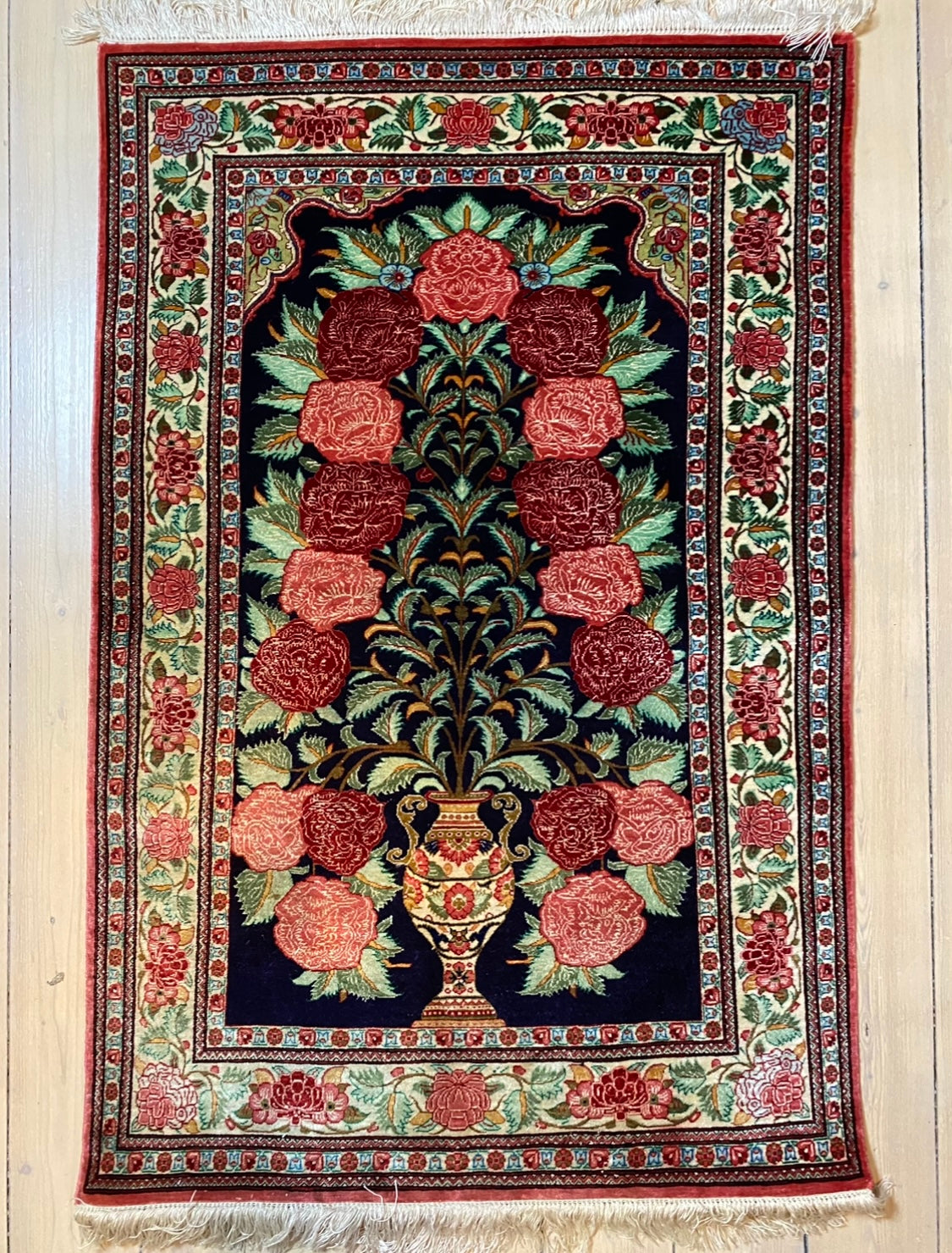 Persian Ghom handmade of pure 100 % organic silk with warp of silk. Size ca 83 x 130 cm.